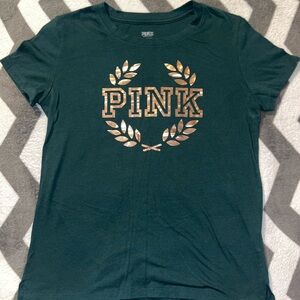 PINK Victoria's Secret Dark Green Tee with Gold Logo